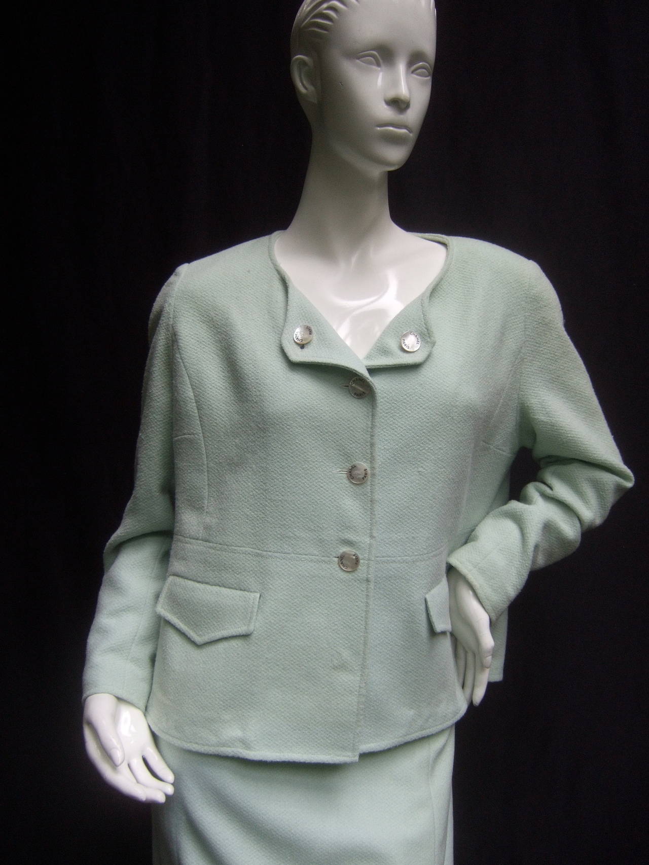 Women's Chanel Boutique Chic Mint Green Wool Skirt Suit  c 1990