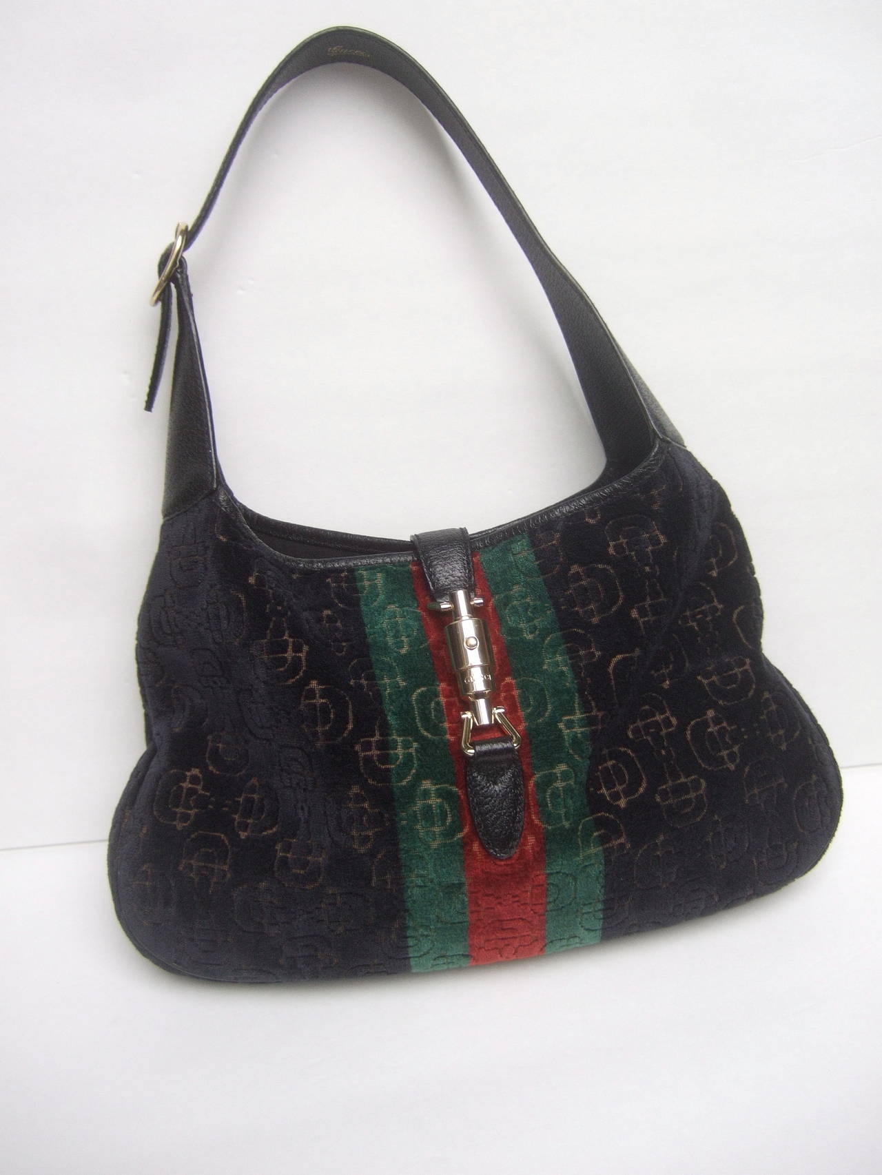 Black Gucci Italy Iconic Devore Jackie O Piston Handbag