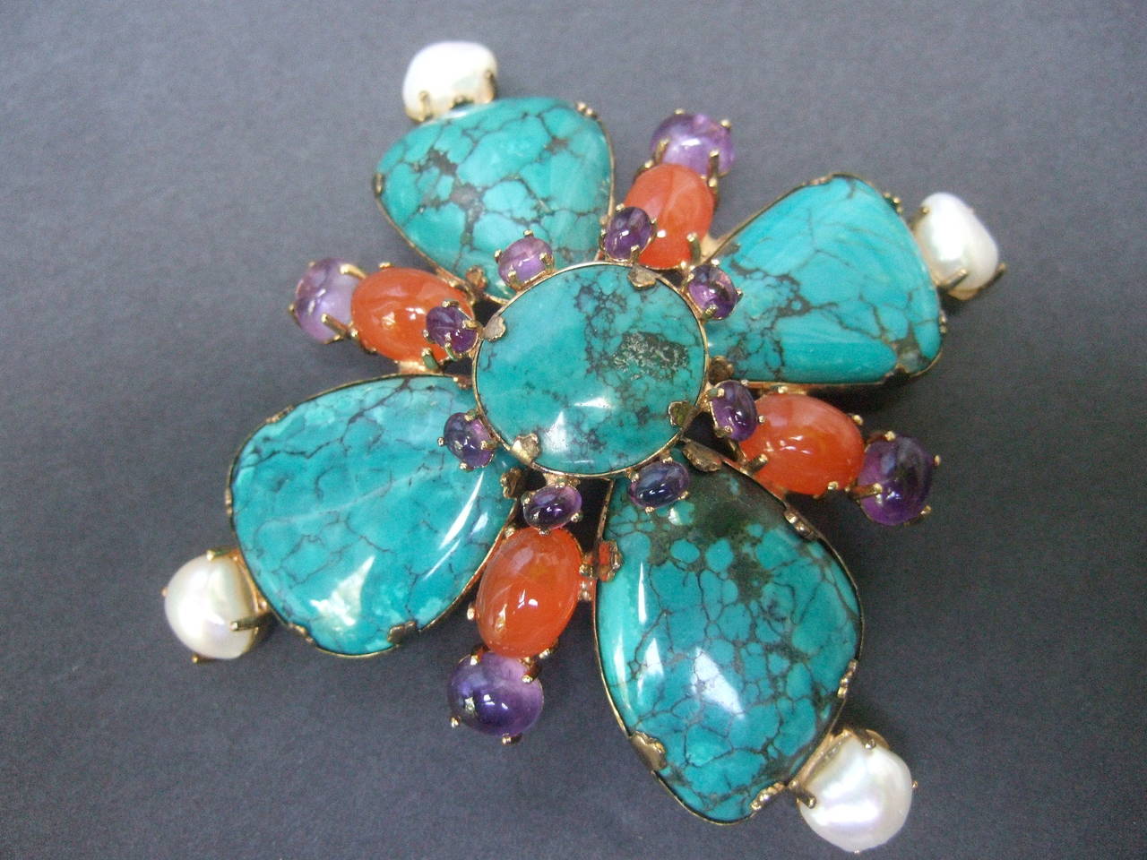Spectacular Jeweled Semi Precious Massive Sterling Brooch, 1999 For Sale 2
