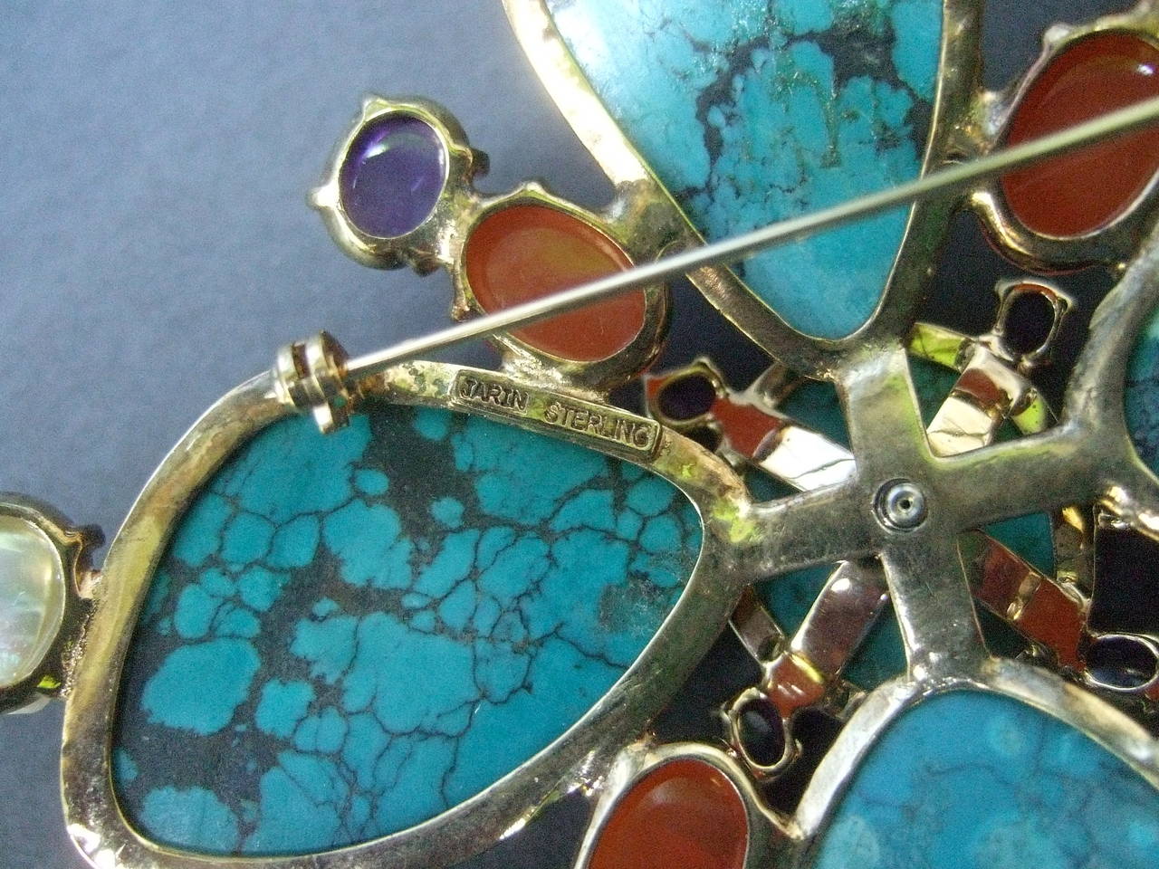 Spectacular Jeweled Semi Precious Massive Sterling Brooch, 1999 For Sale 5