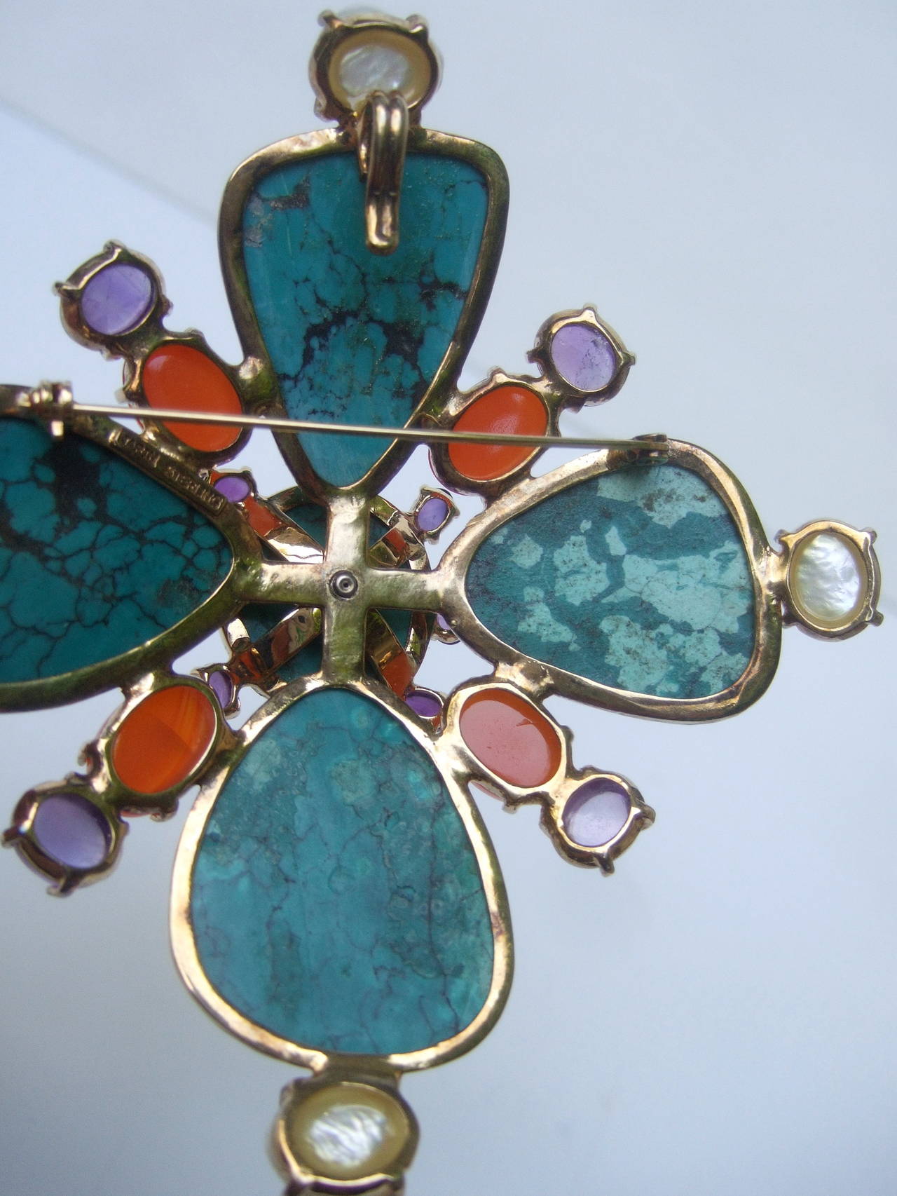 Spectacular Jeweled Semi Precious Massive Sterling Brooch, 1999 For Sale 4