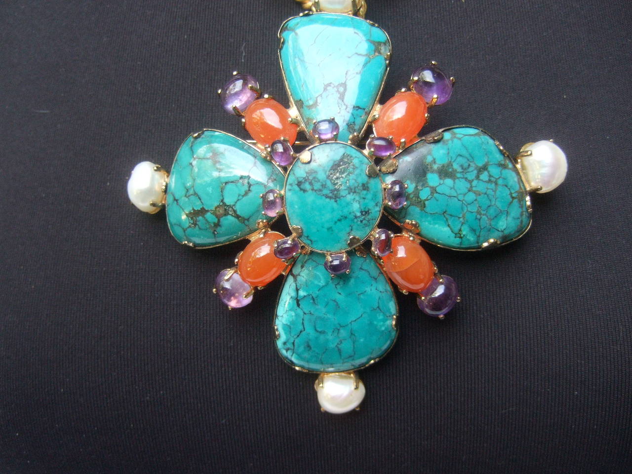 Women's Spectacular Jeweled Semi Precious Massive Sterling Brooch, 1999 For Sale