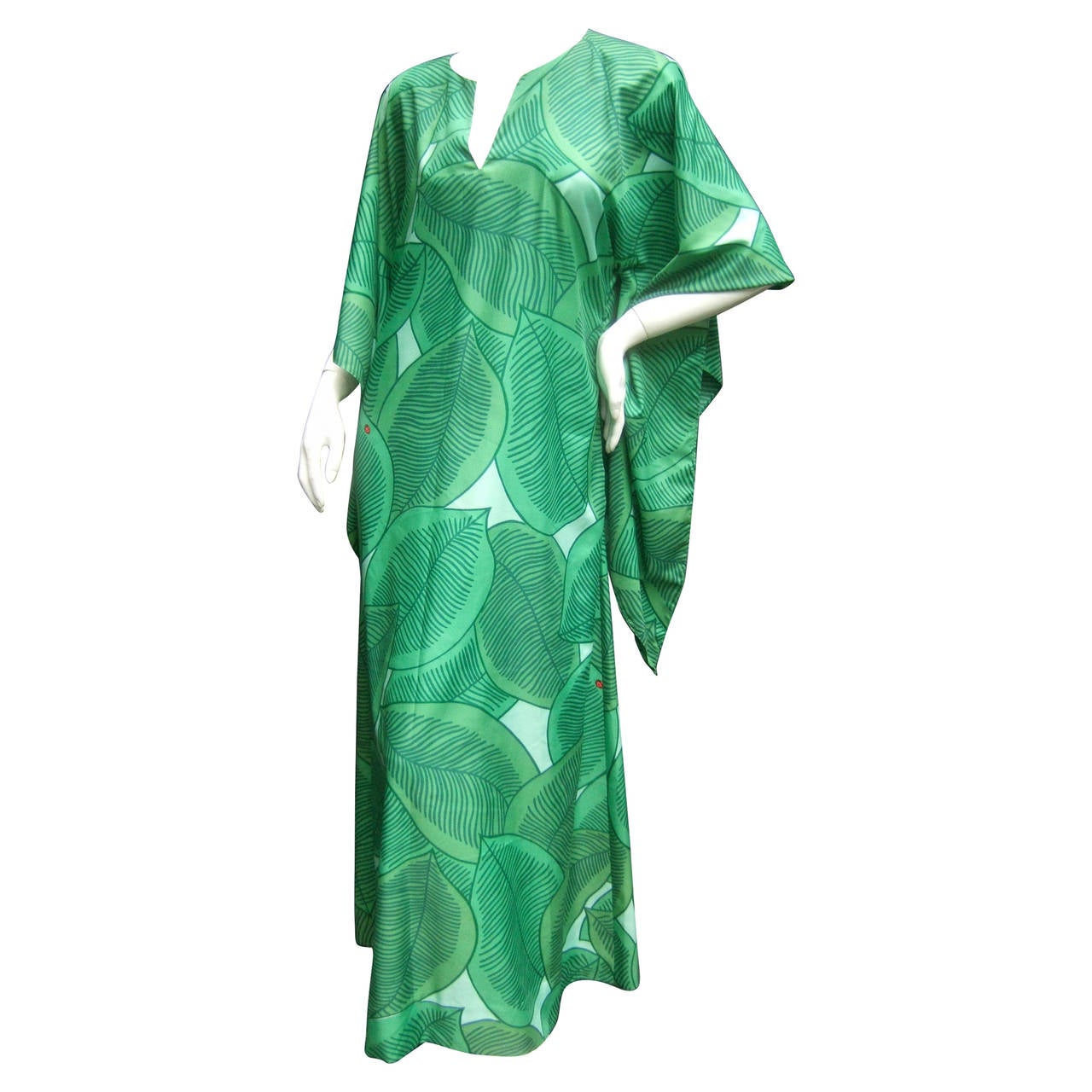 Lush Green Tropical Print Caftan Gown c 1970