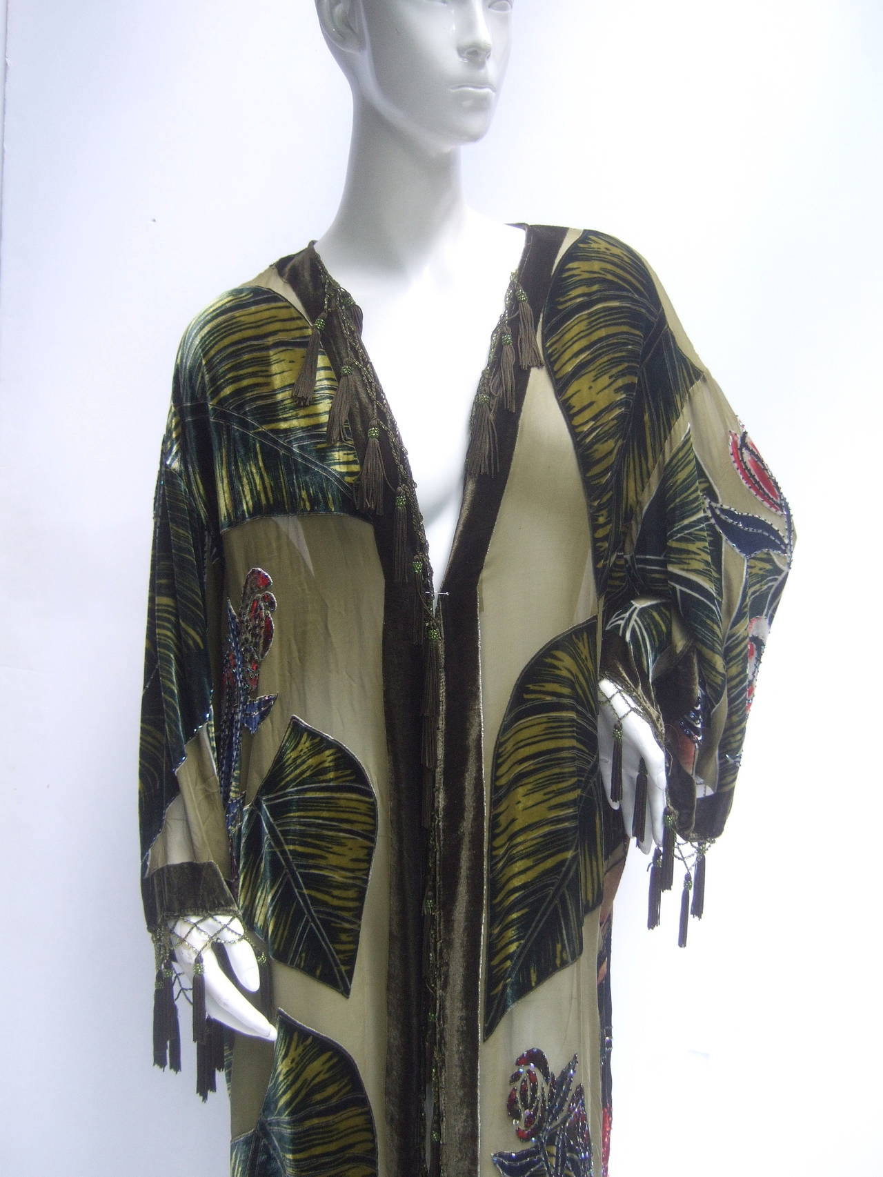 Exotic Moss Green Fringe Beaded Devore Duster In Excellent Condition In University City, MO