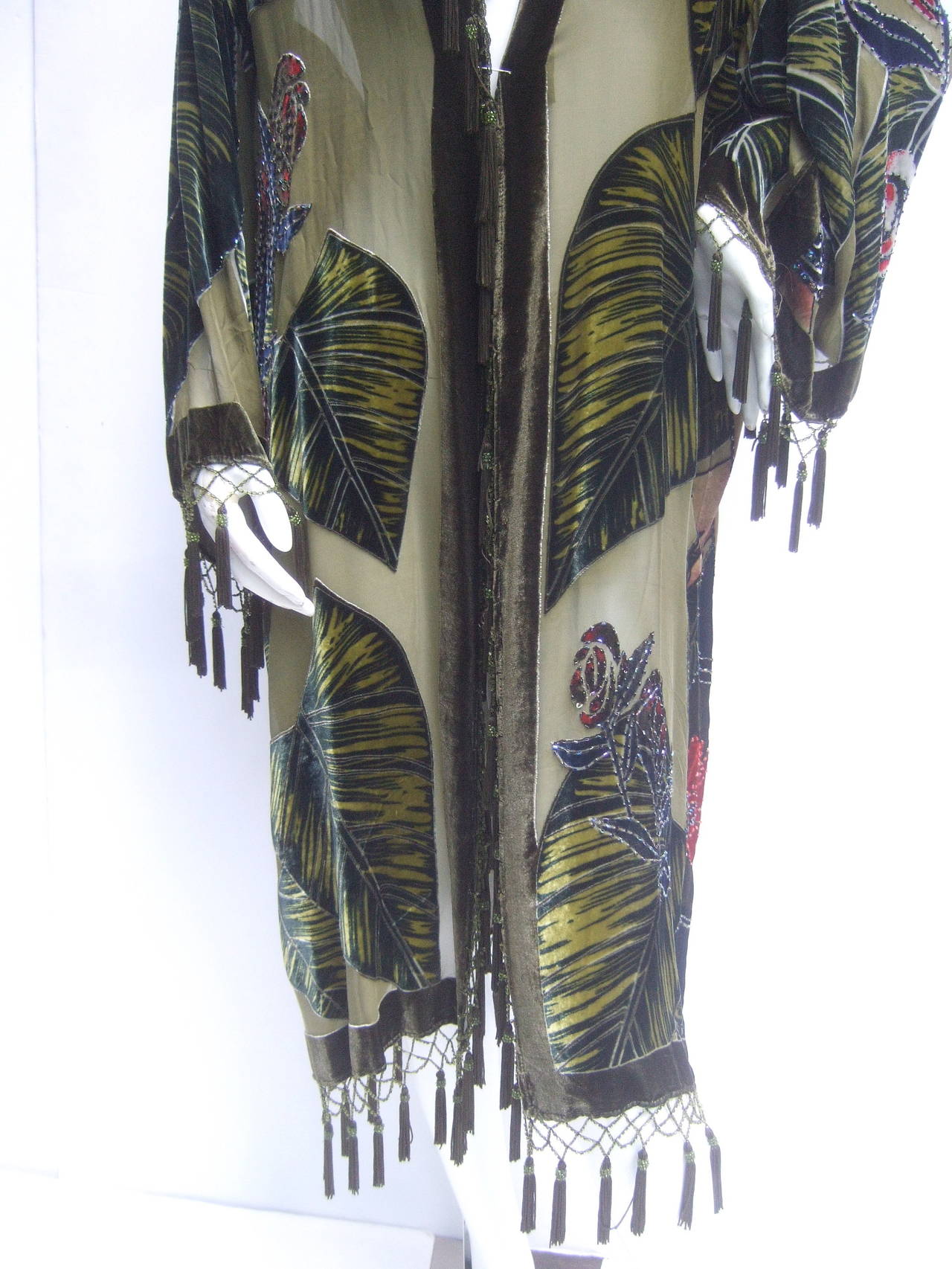 Exotic Moss Green Fringe Beaded Devore Duster 5