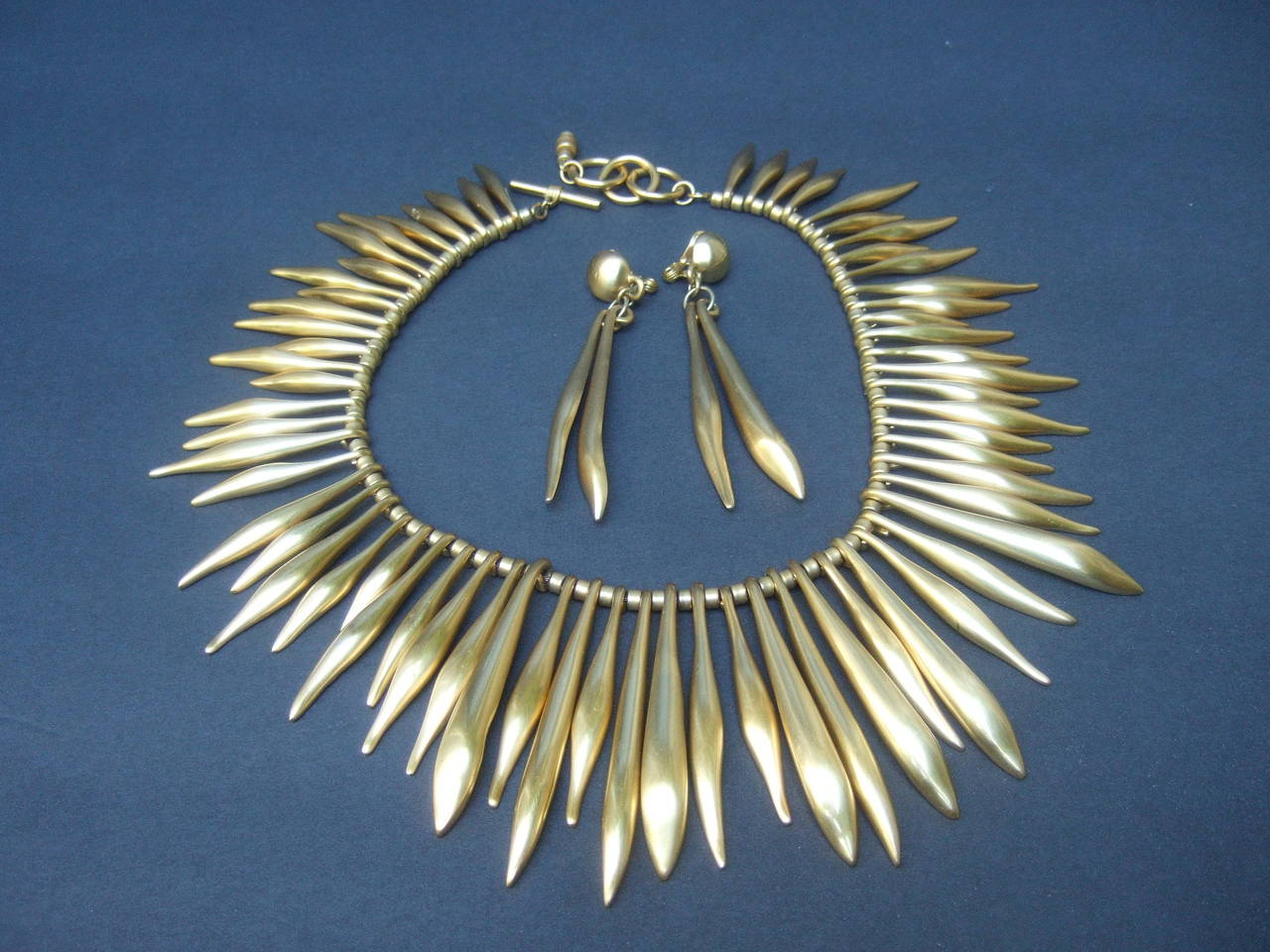 Severe Gilt Metal Spike Necklace and Earring Set at 1stDibs