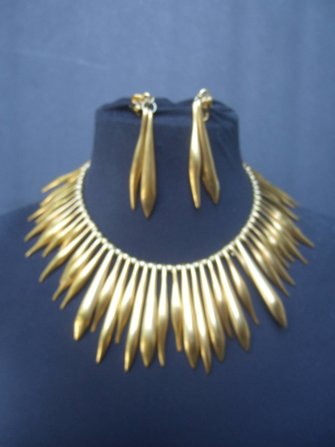 Severe Gilt Metal Spike Necklace and Earring Set at 1stDibs