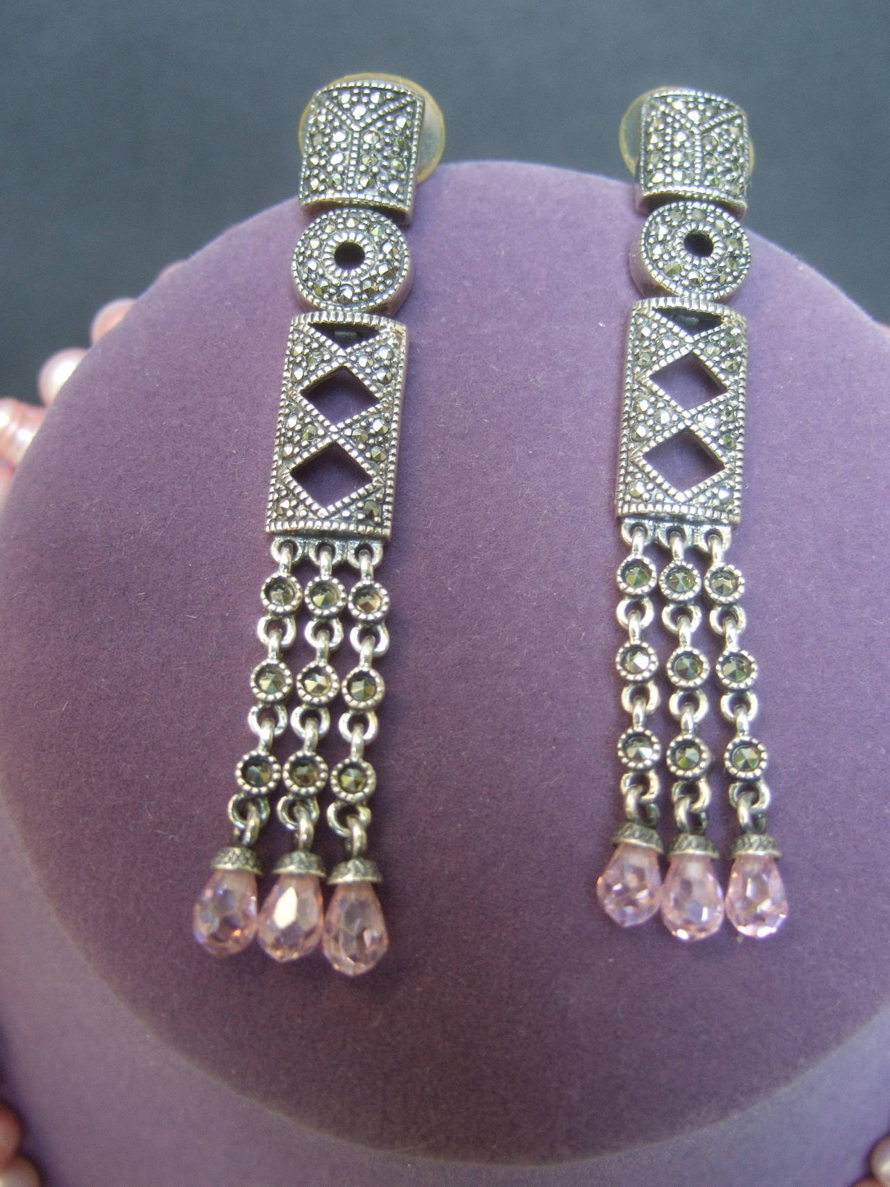 Opulent Sterling Marcasite Pink Fresh Water Pearl Choker and Earrings For Sale 2