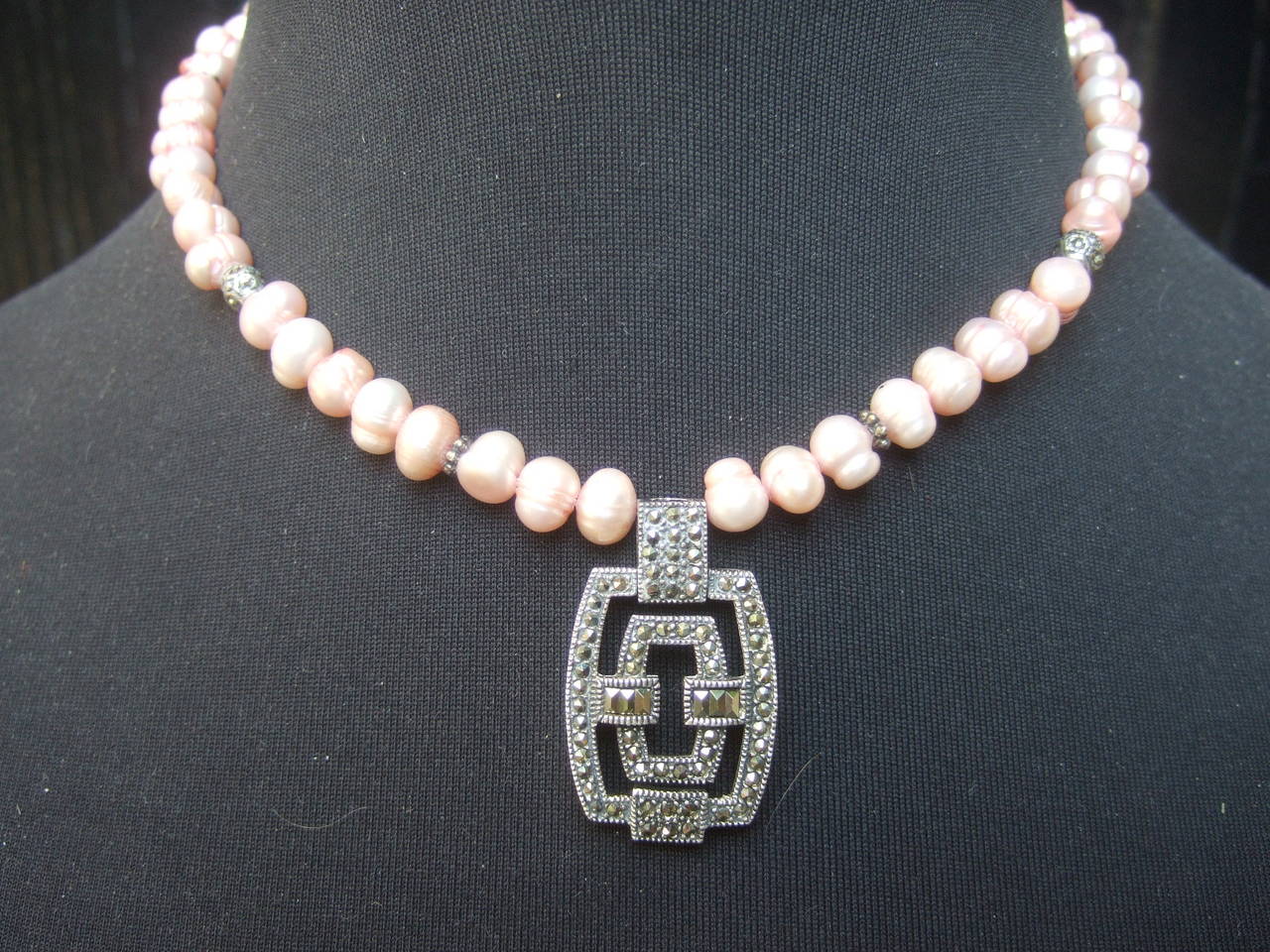 Art Deco Opulent Sterling Marcasite Pink Fresh Water Pearl Choker and Earrings For Sale