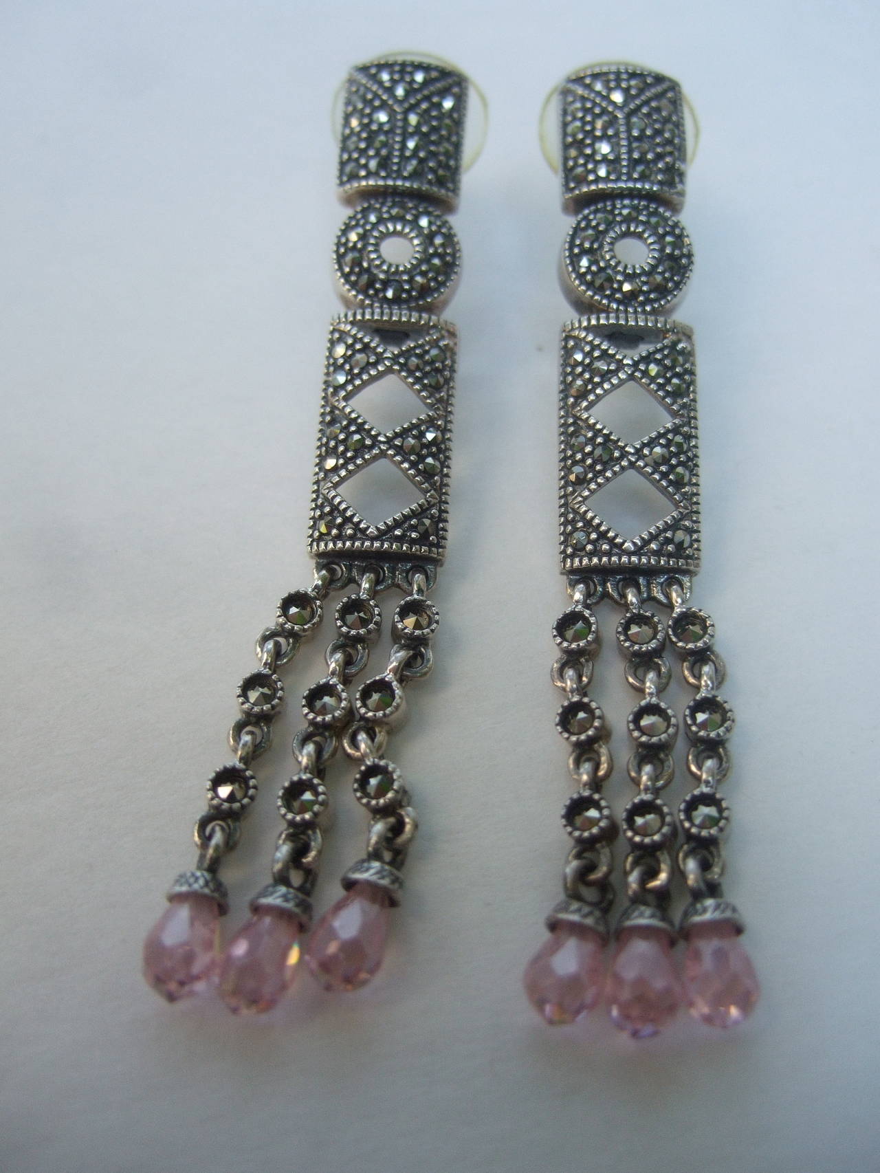 Women's Opulent Sterling Marcasite Pink Fresh Water Pearl Choker and Earrings For Sale