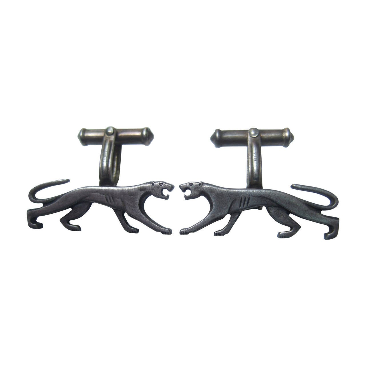 Sleek Sterling Figural Panther Cufflinks c 1970