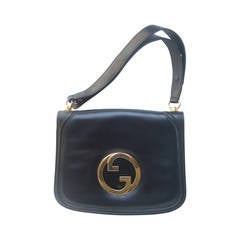 Vintage Gucci Sleek Ebony Leather Blondie Handbag  c 1970