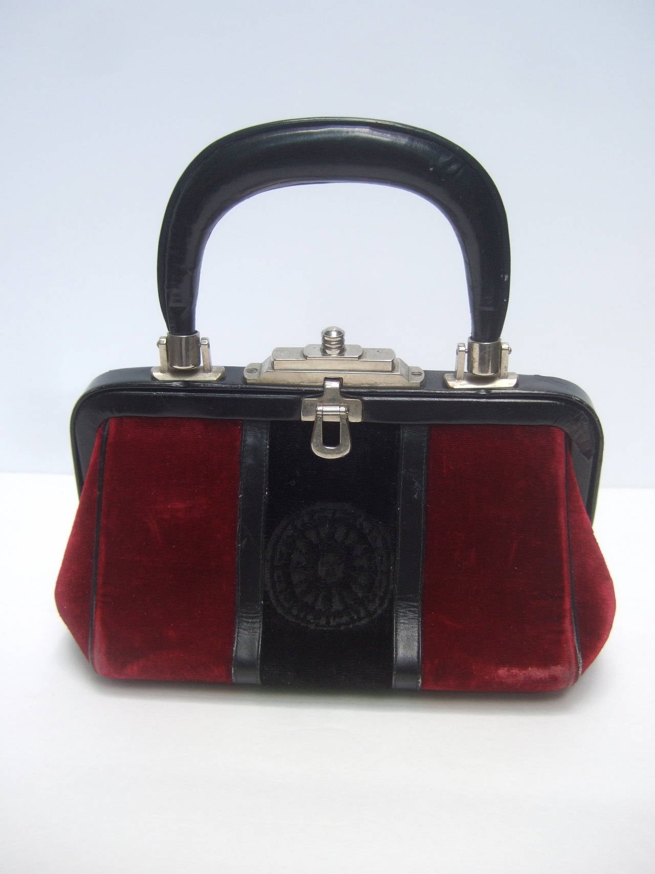 Roberta di Camerino Burgundy Red & Black Velvet Leather Handbag c 1970 2