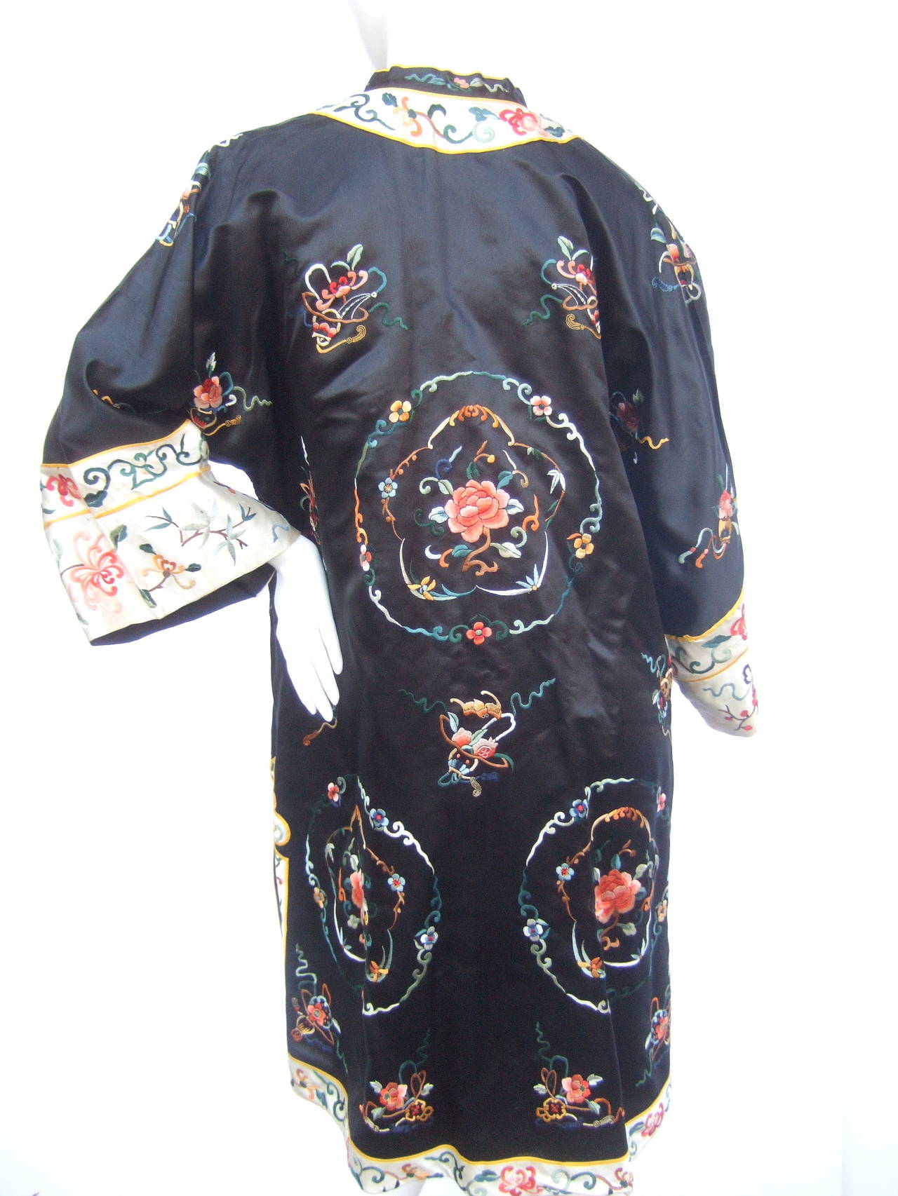 Exotic Chinoiserie Embroidered Satin Duster Coat 1980s 3
