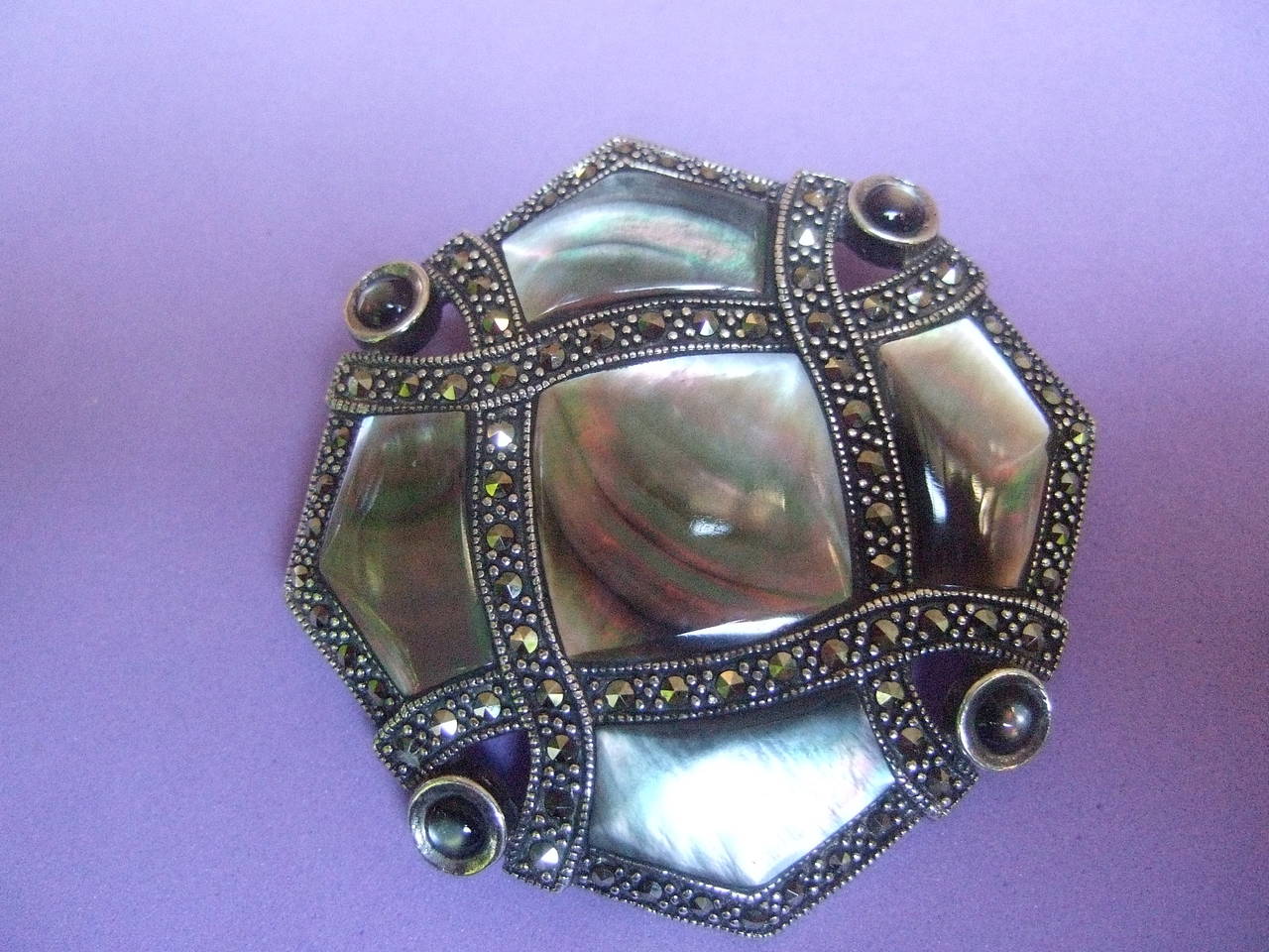 Art Deco Exquisite Mother of Pearl Sterling Marcasite Brooch For Sale