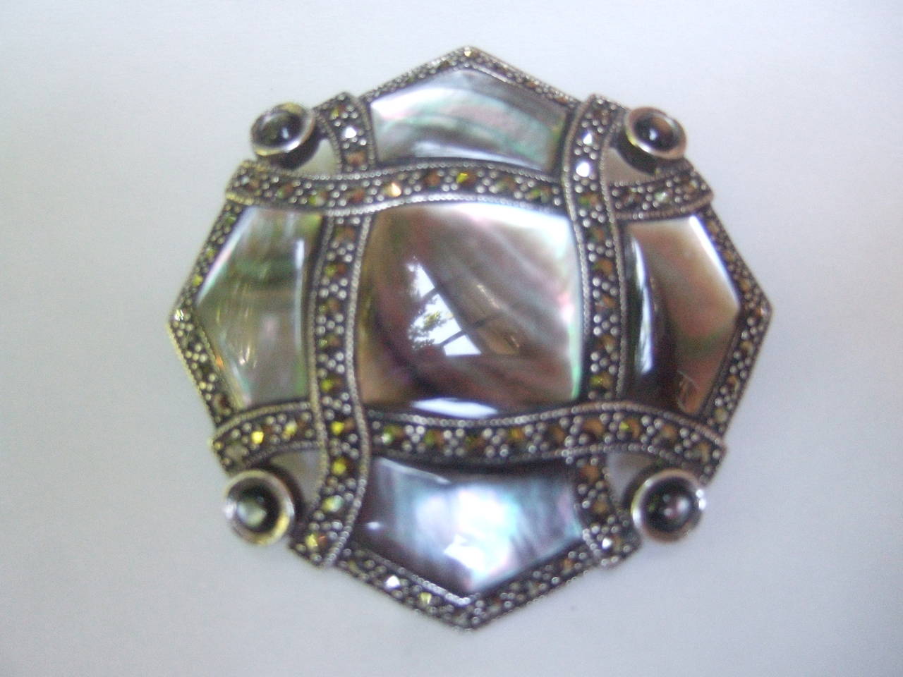 Exquisite Mother of Pearl Sterling Marcasite Brooch For Sale 1