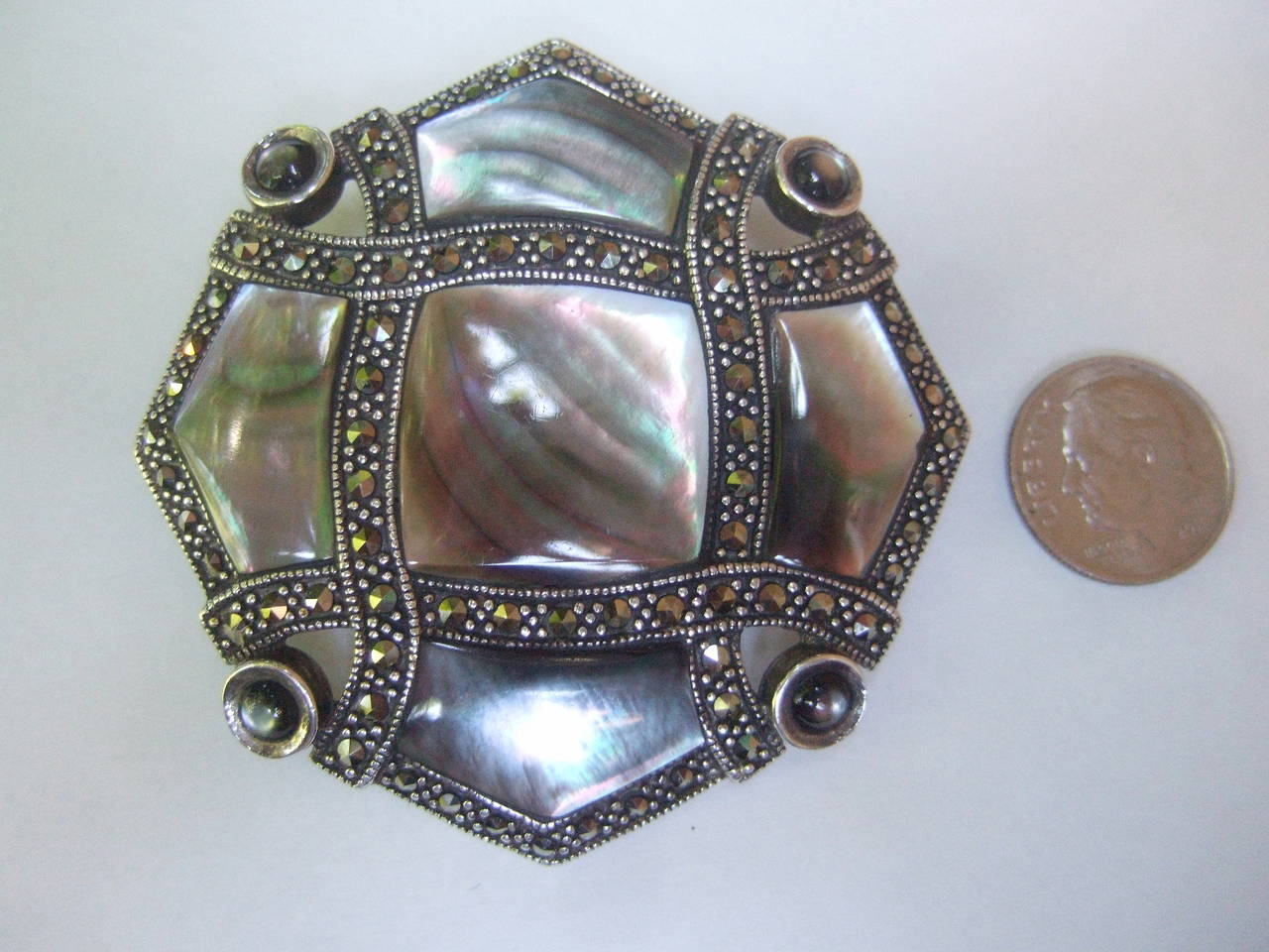 Exquisite Mother of Pearl Sterling Marcasite Brooch In Excellent Condition For Sale In University City, MO