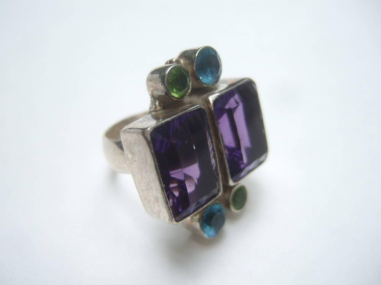 Emerald Cut Sterling Artisan Semi Precious Amethyst Ring Size 8.5 For Sale