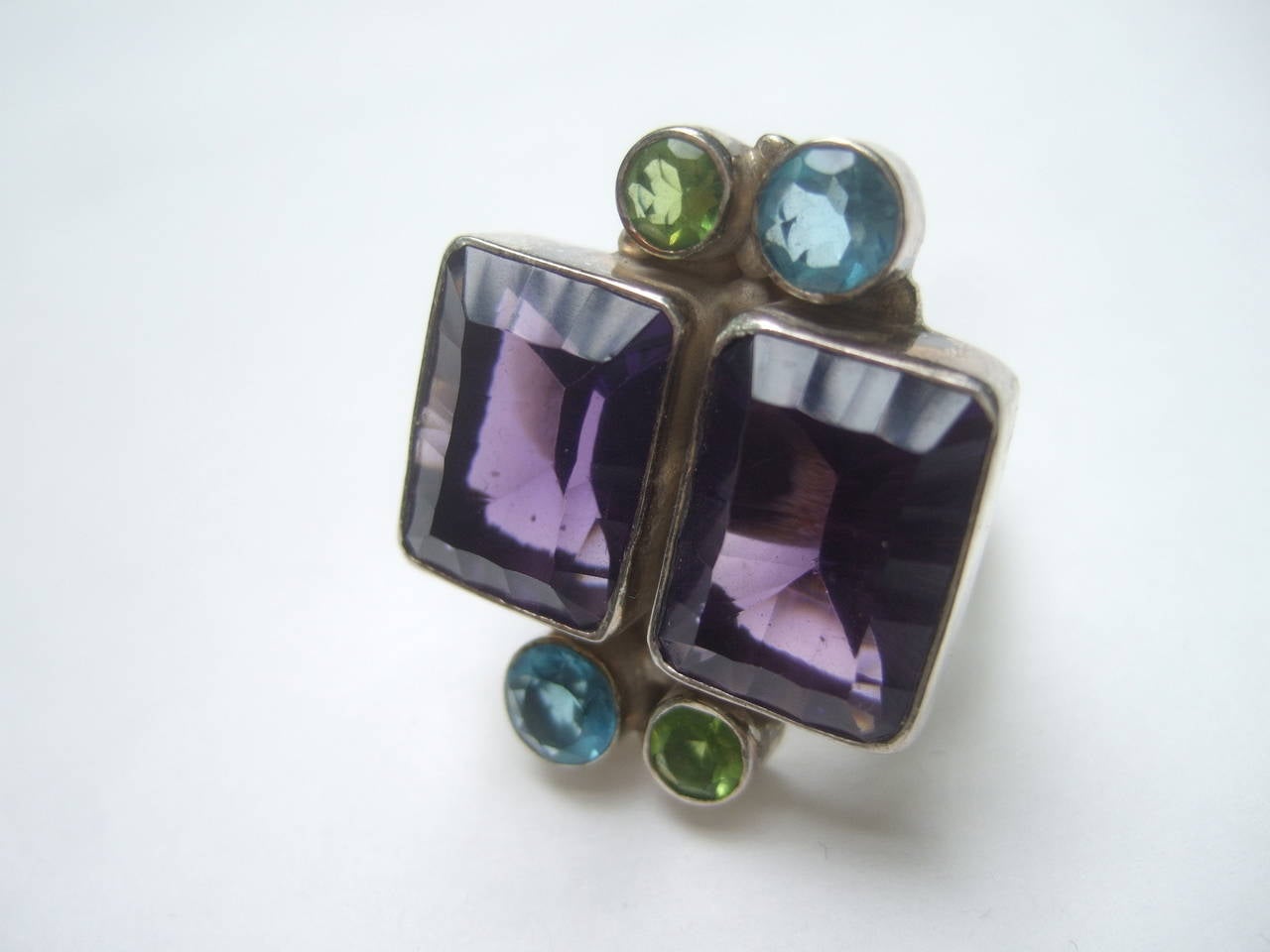 Modernist Sterling Artisan Semi Precious Amethyst Ring Size 8.5 For Sale