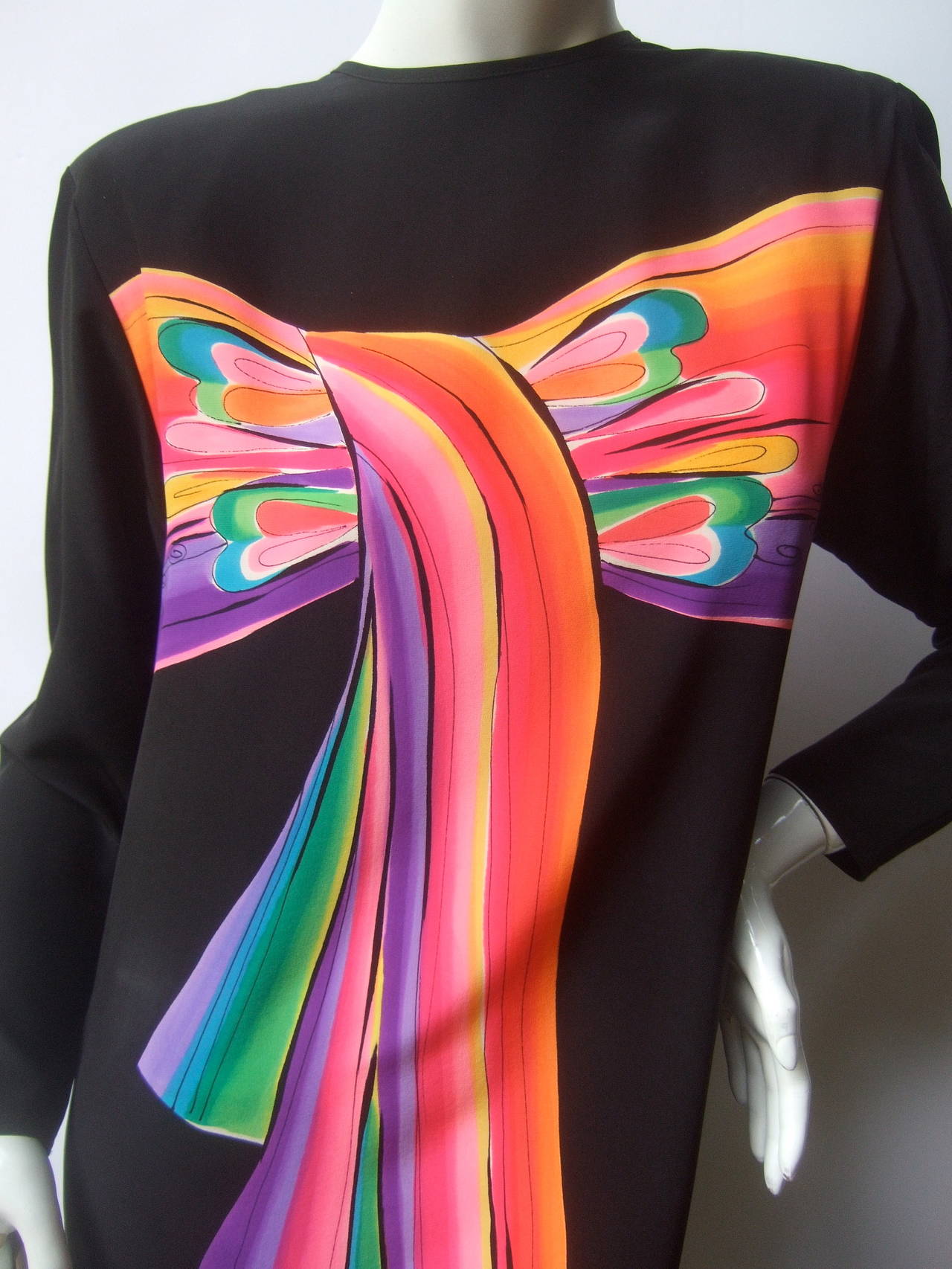 Avant Garde Hand Painted Black Silk Color Block Dress c 1980s In Good Condition In University City, MO