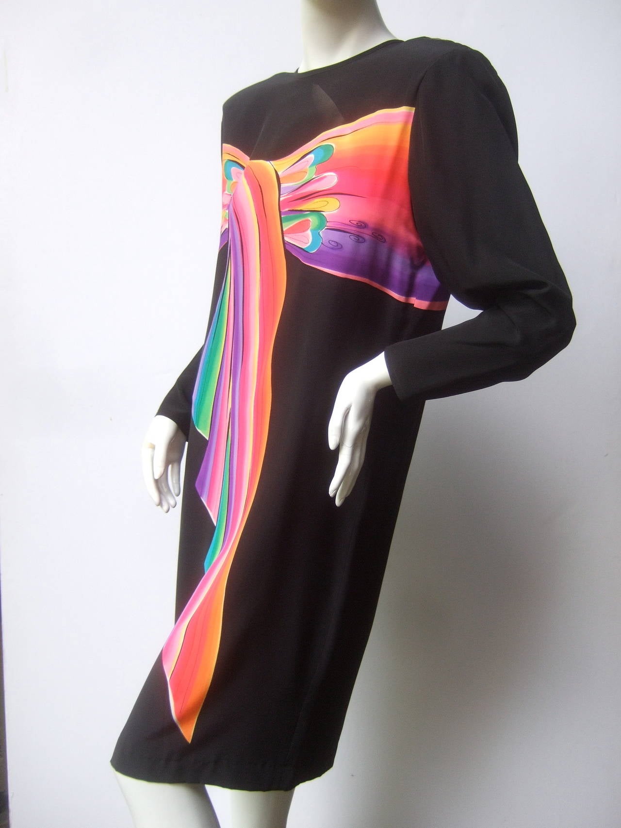 Women's Avant Garde Hand Painted Black Silk Color Block Dress c 1980s