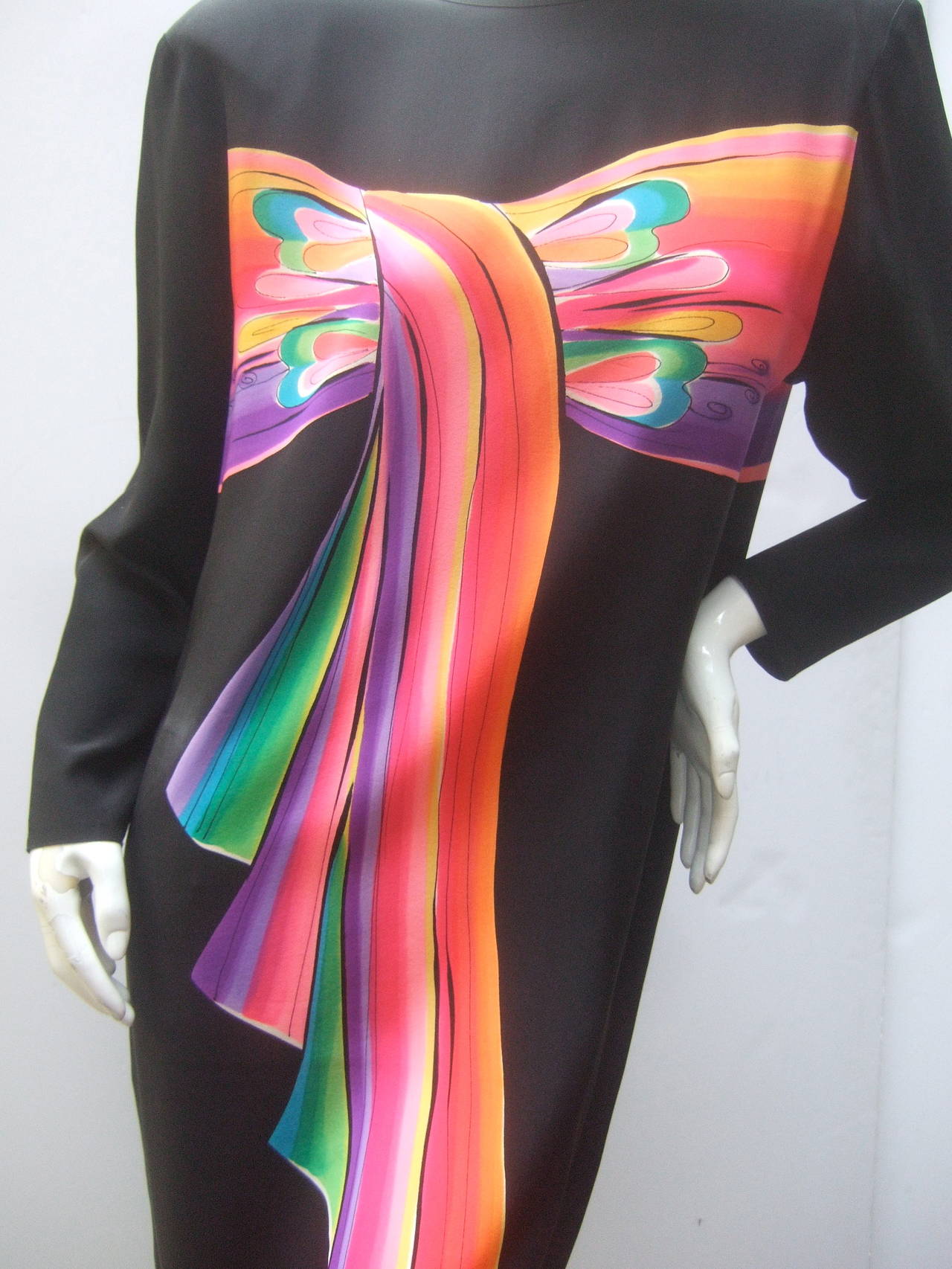 Avant Garde Hand Painted Black Silk Color Block Dress c 1980s 1