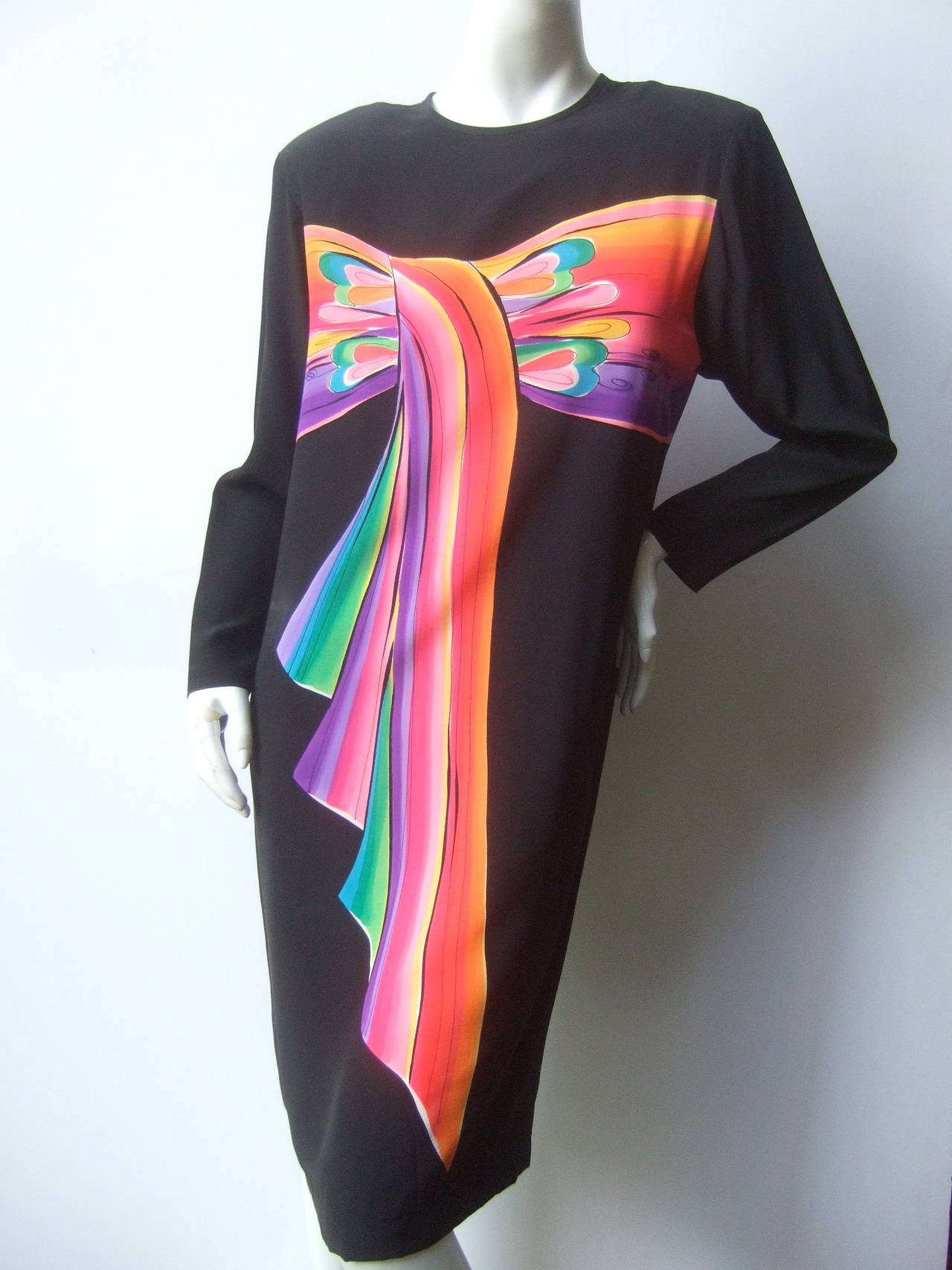 Avant Garde Hand Painted Black Silk Color Block Dress c 1980s 2