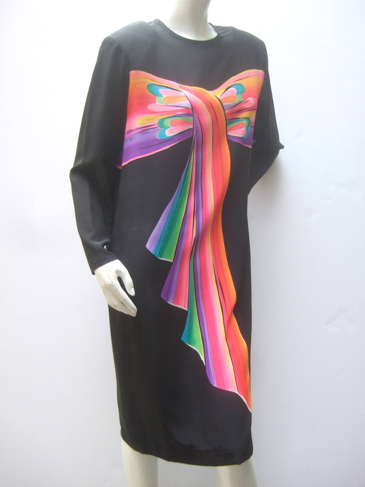Avant Garde Hand Painted Black Silk Color Block Dress c 1980s 4
