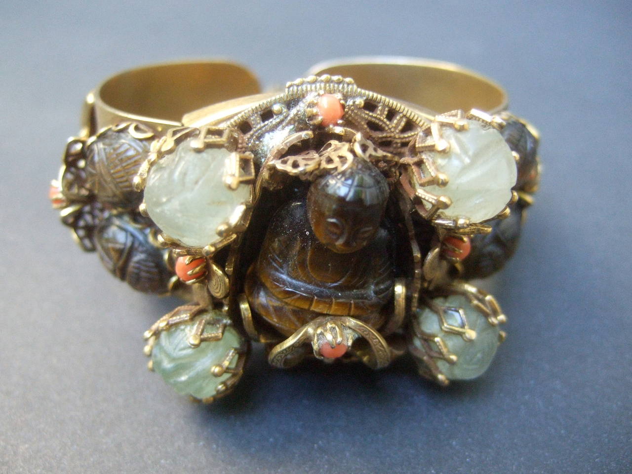Exotic Carved Tiger Eye Jeweled Buddha Beetle Bracelet c 1950 2