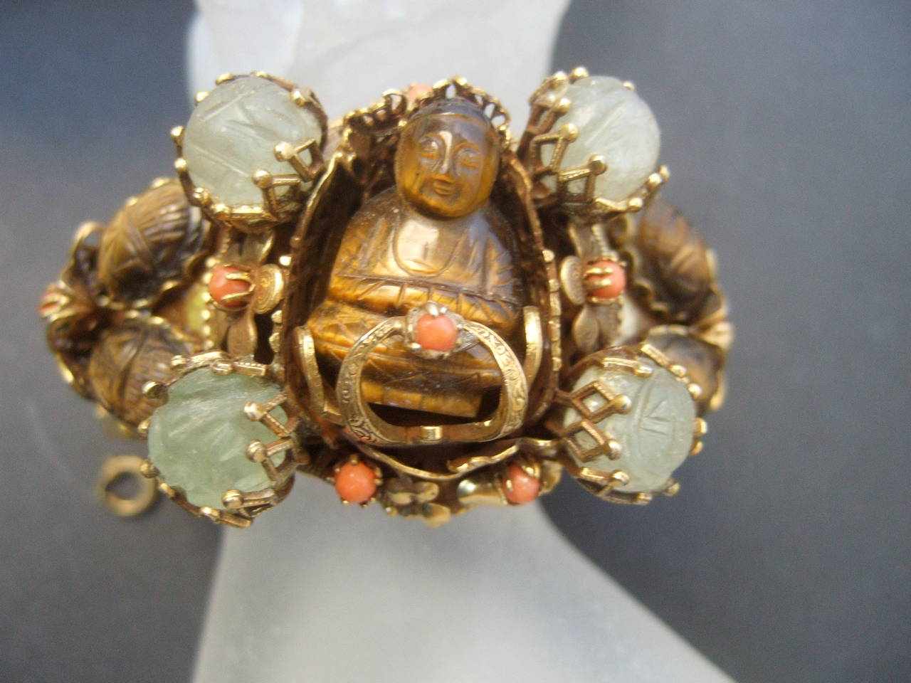 Exotic Carved Tiger Eye Jeweled Buddha Beetle Bracelet c 1950 In Excellent Condition In University City, MO