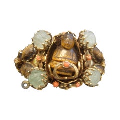 Exotic Carved Tiger Eye Jeweled Buddha Beetle Bracelet c 1950