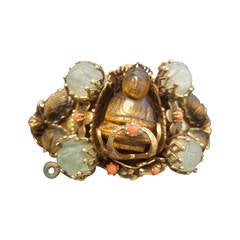 Exotic Carved Tiger Eye Jeweled Buddha Beetle Bracelet c 1950 5