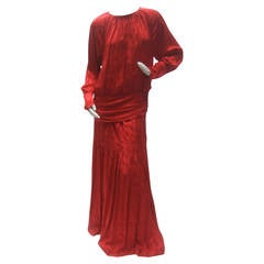 Vintage Oscar de la Renta Scarlet Silk Blouse & Maxi Skirt c 1980