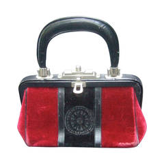 Vintage Roberta di Camerino Burgundy Red & Black Velvet Leather Handbag c 1970