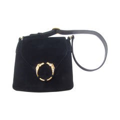 Retro Gucci Equine Emblem Midnight Blue Suede Shoulder Bag c 1970