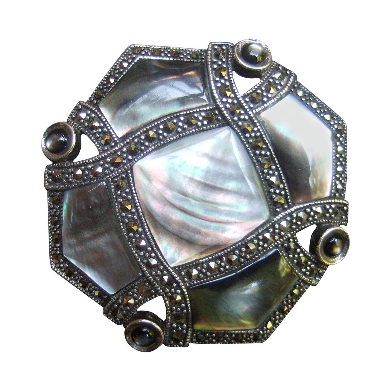 Exquisite Mother of Pearl Sterling Marcasite Brooch For Sale