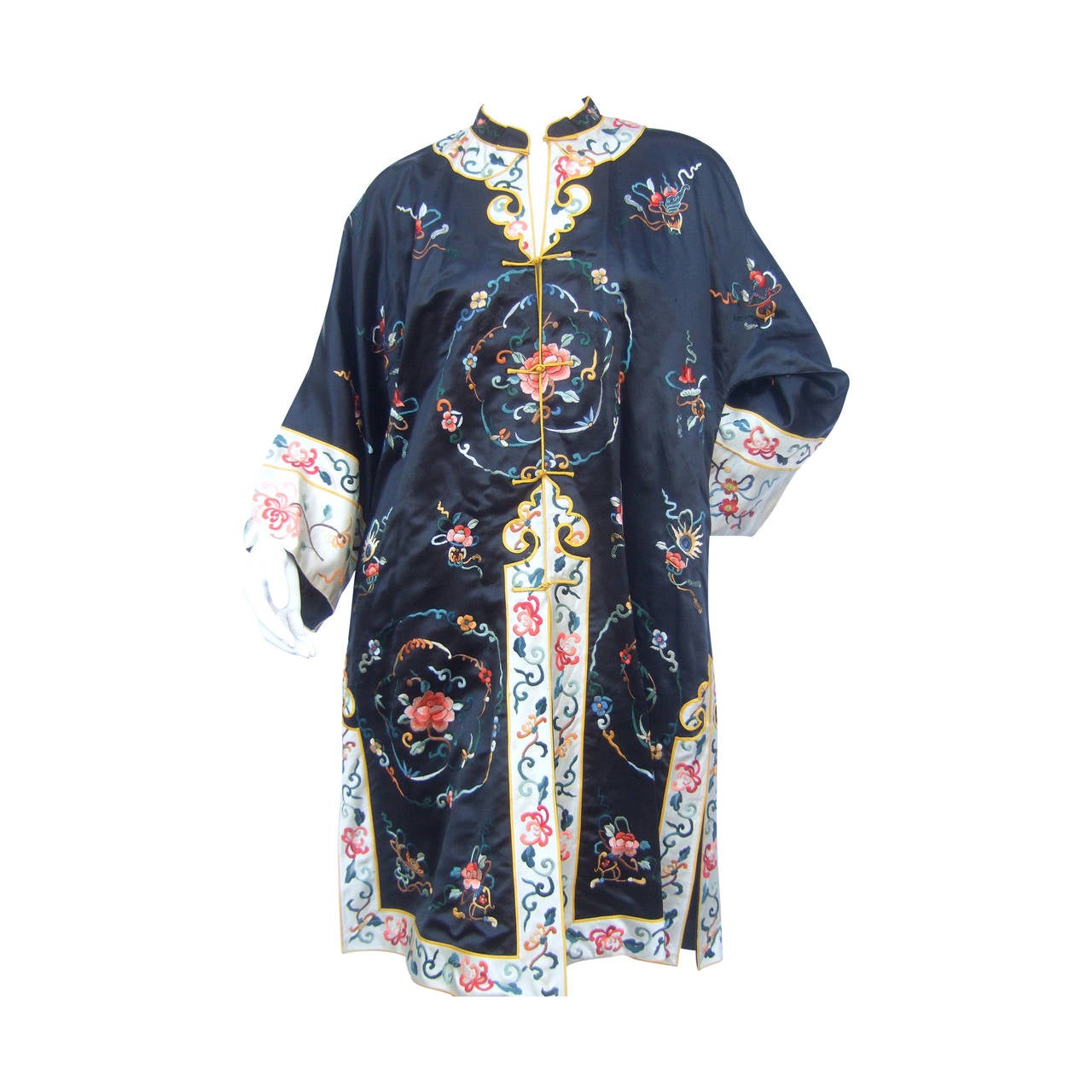 Exotic Chinoiserie Embroidered Satin Duster Coat 1980s