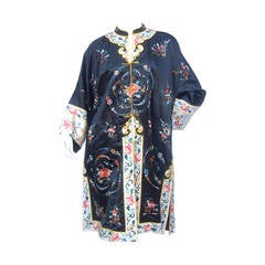 Exotic Chinoiserie Embroidered Satin Duster Coat 1980s