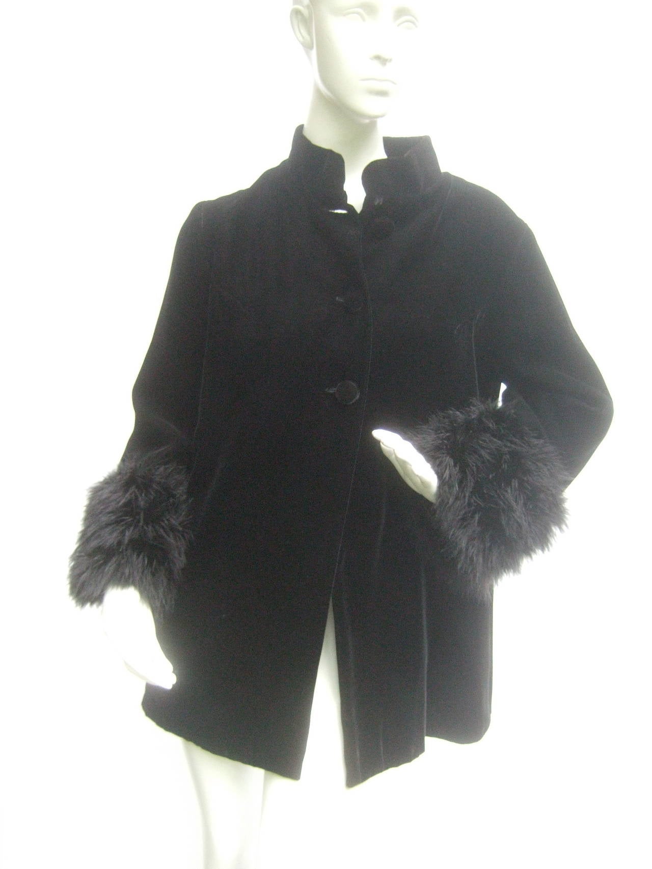 Black Velvet Marabou Cuff Mandrian Collar Jacket c 1970s For Sale 2