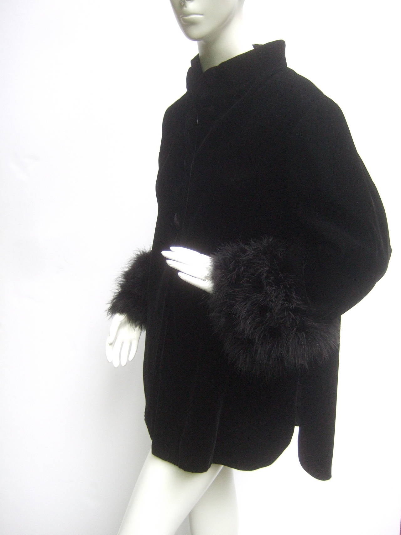Black Velvet Marabou Cuff Mandrian Collar Jacket c 1970s In Excellent Condition For Sale In University City, MO