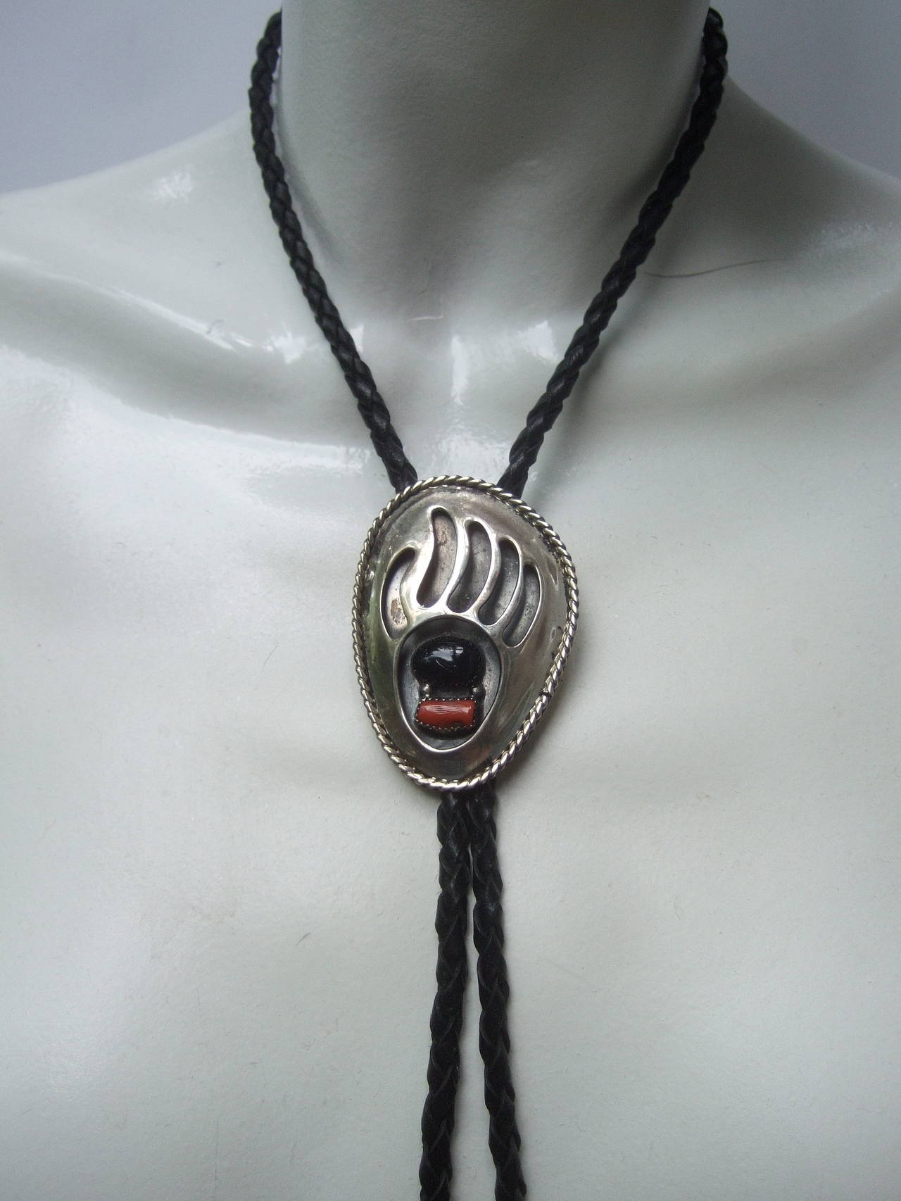 Artisan Sterling Coral and Jet Bear Claw Bolo Tie c 1970s