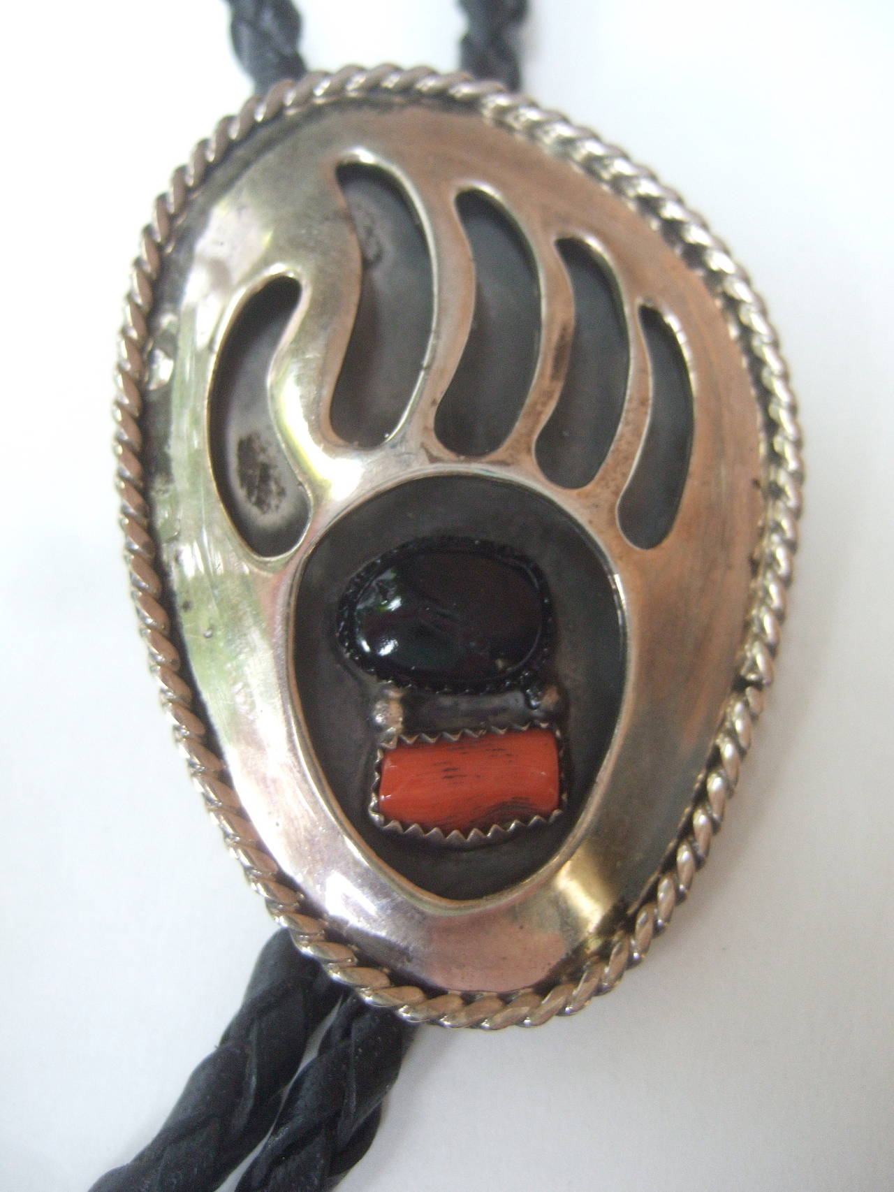 Sterling Coral and Jet Bear Claw Bolo Tie c 1970s 2