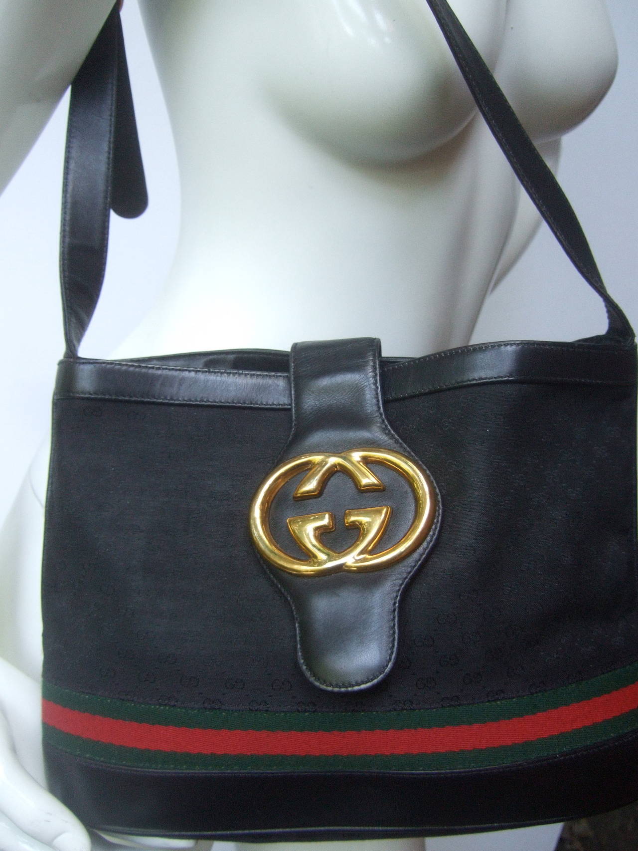 Gucci Black Leather Canvas Shoulder Bag c 1980 1