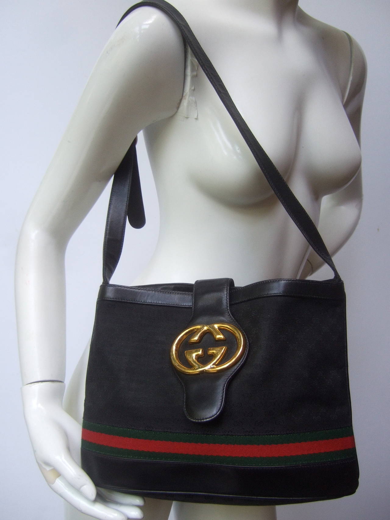 Gucci Black Leather Canvas Shoulder Bag c 1980 2