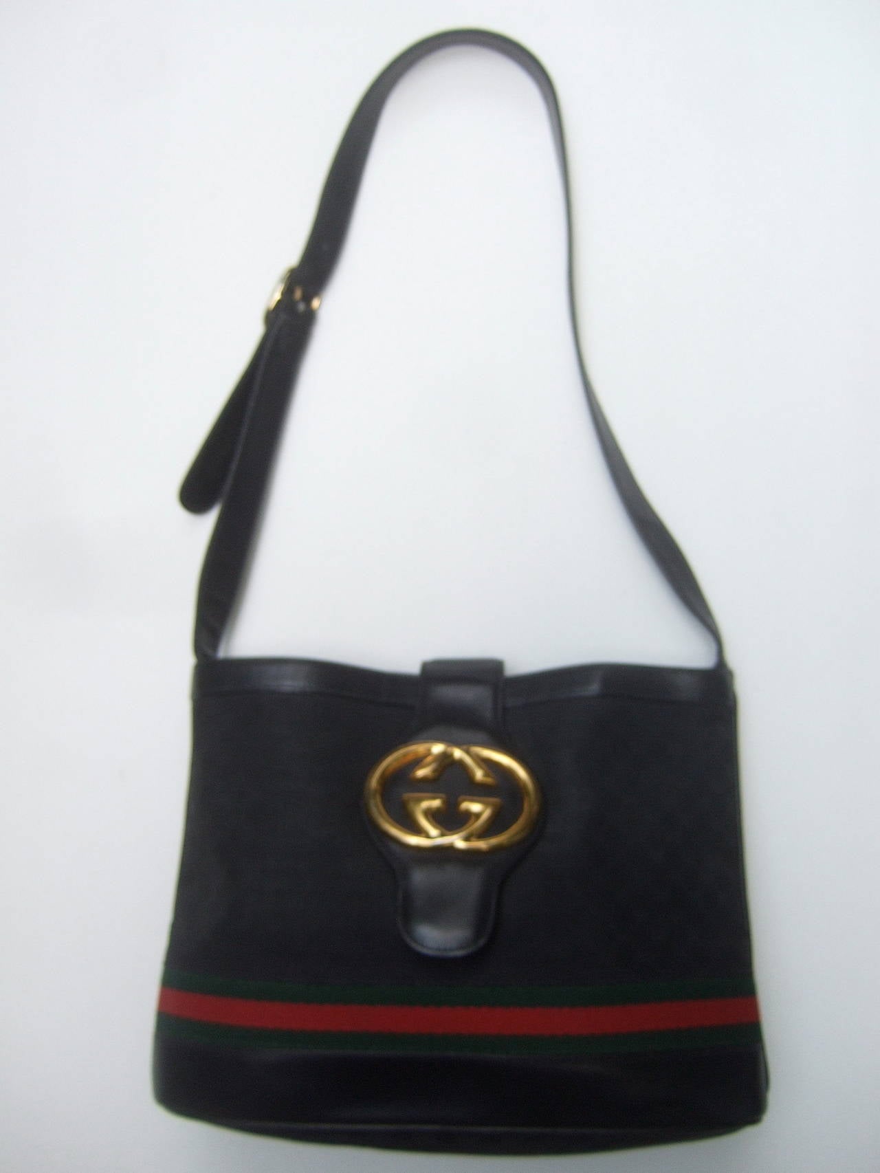 Gucci Black Leather Canvas Shoulder Bag c 1980 3