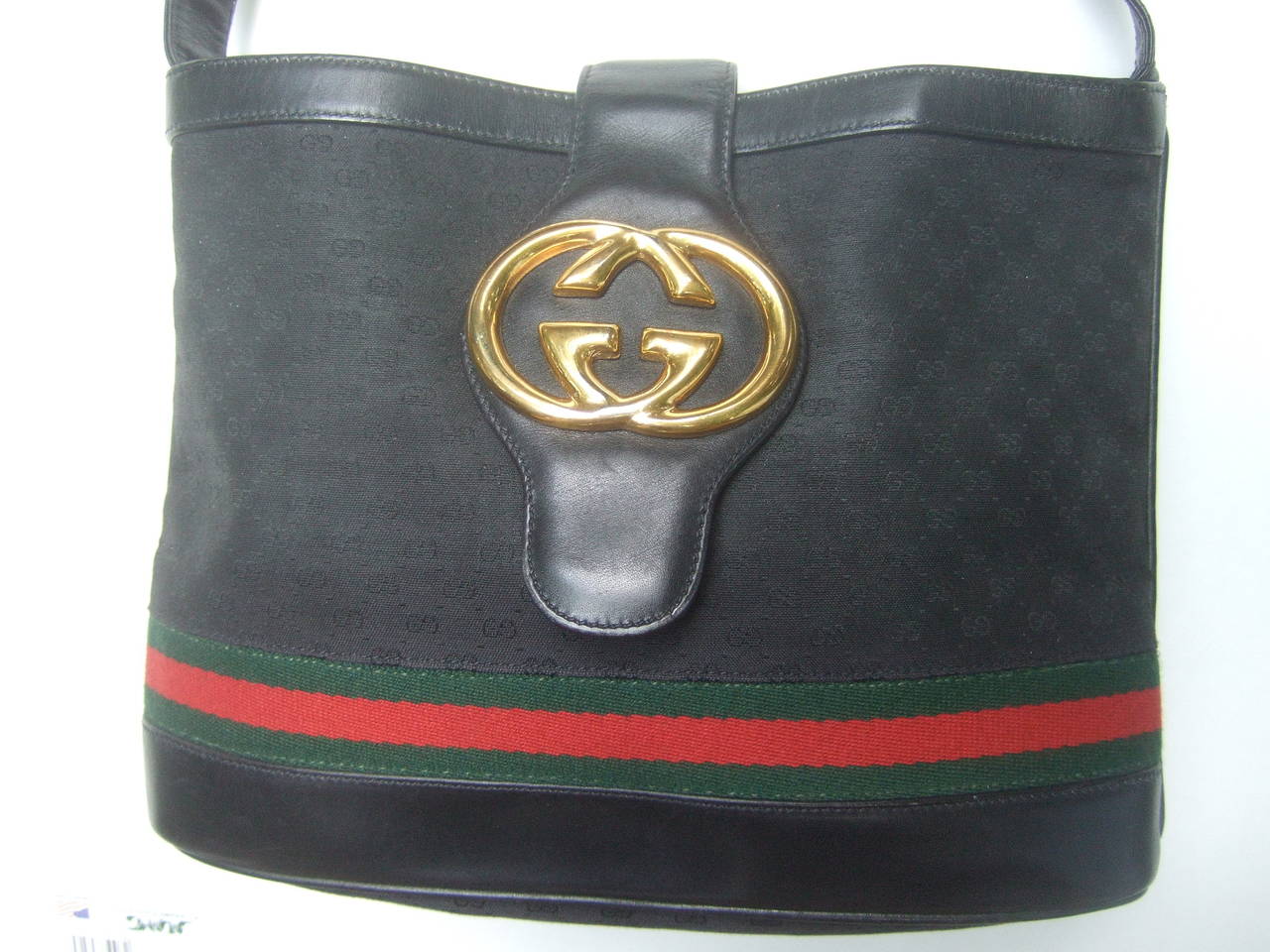 Gucci Black Leather Canvas Shoulder Bag c 1980 In Good Condition In University City, MO