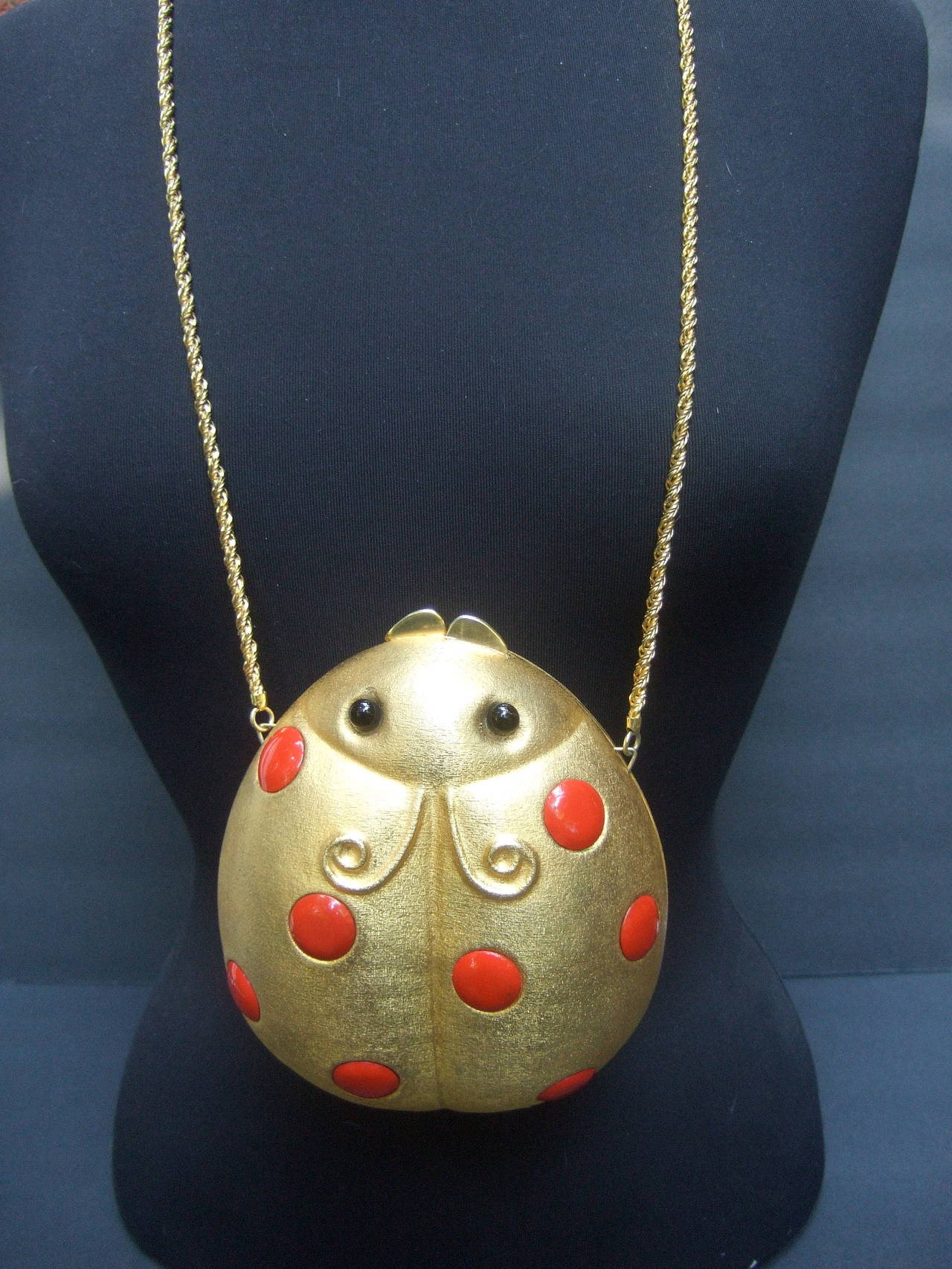 Saks Fifth Avenue Gilt Metal Lady Bug Evening Bag Made in Italy c 1970 In Good Condition In University City, MO