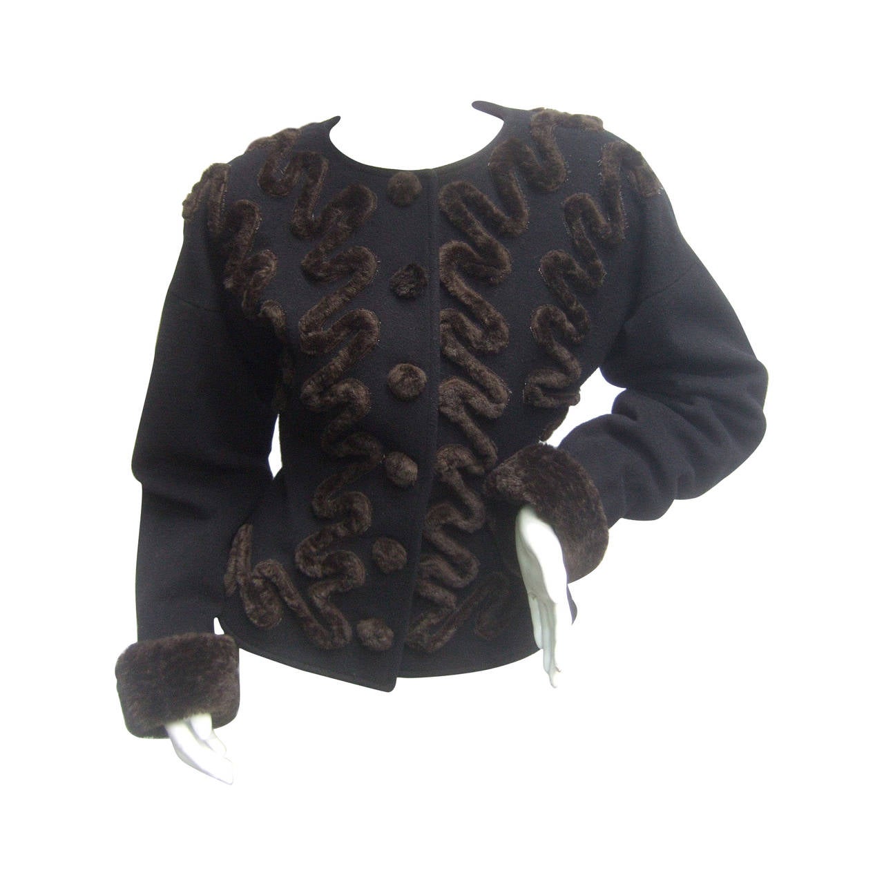 Fendi Italy Black Wool Applique Faux Fur Jacket Size 42 ca 1990s For Sale