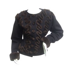 Fendi Italy Black Wool Applique Faux Fur Jacket Size 42 ca 1990s