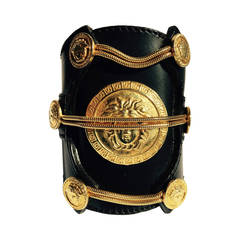 Giant Leather and Gilt Versace Couture Medusa Cuff.  1980's.